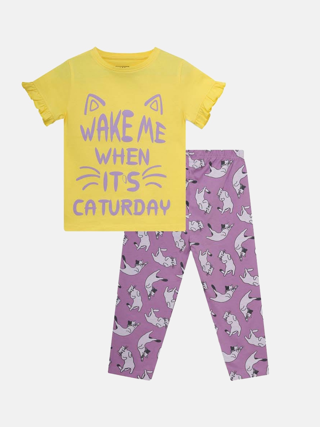 

THETA Girls Yellow & Purple Printed Pure Cotton Night suit