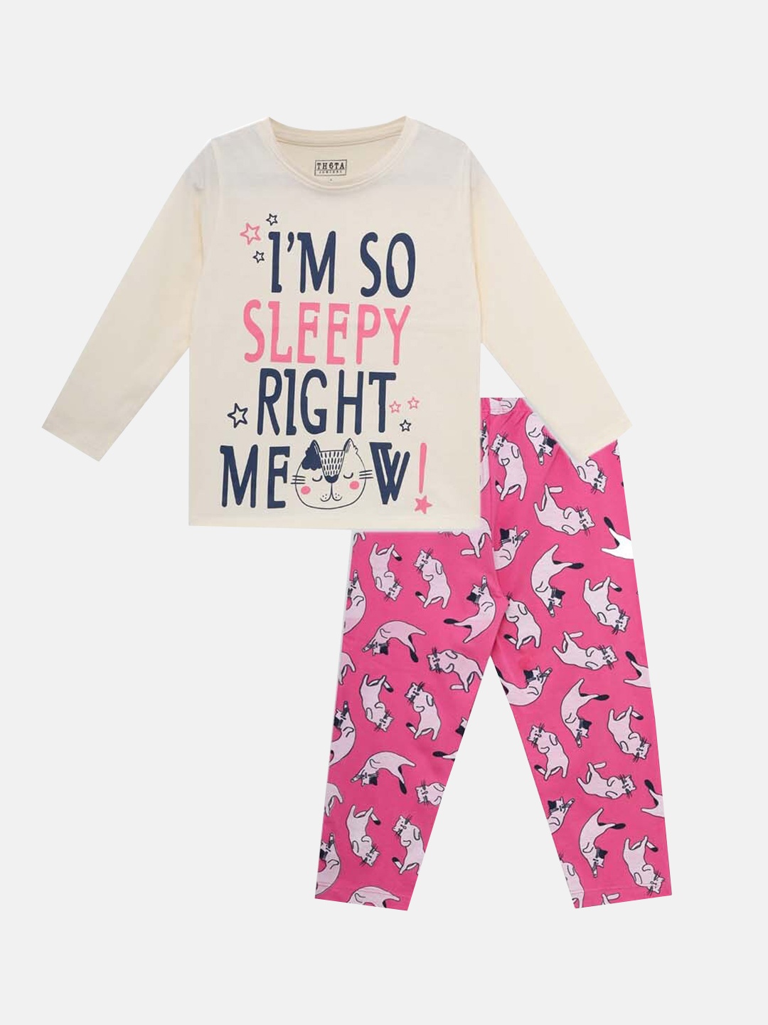 

THETA Girls White & Pink Printed Pure Cotton Night suit