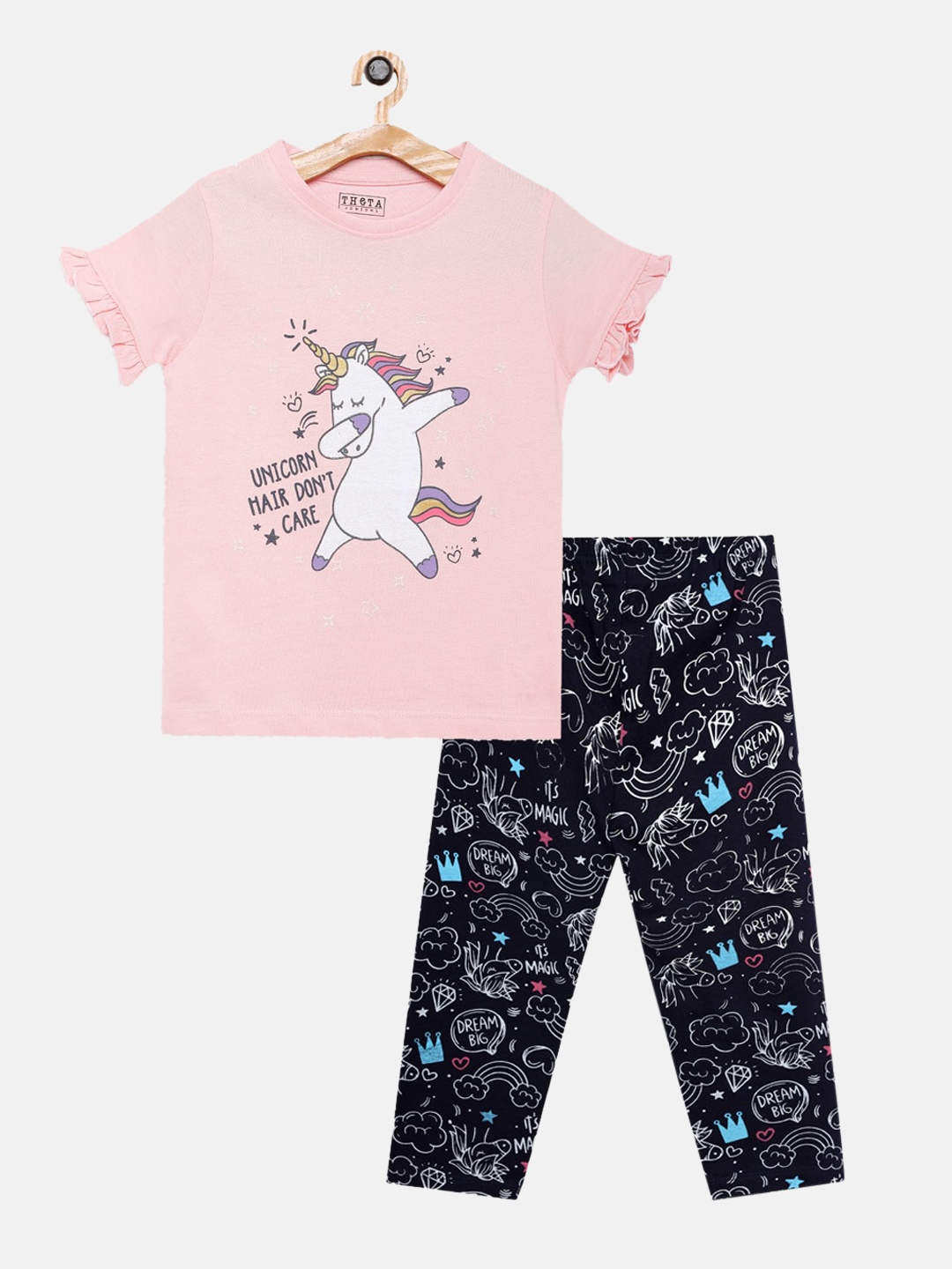 

THETA Girls Pink & Navy Blue Printed Pure Cotton Night suit