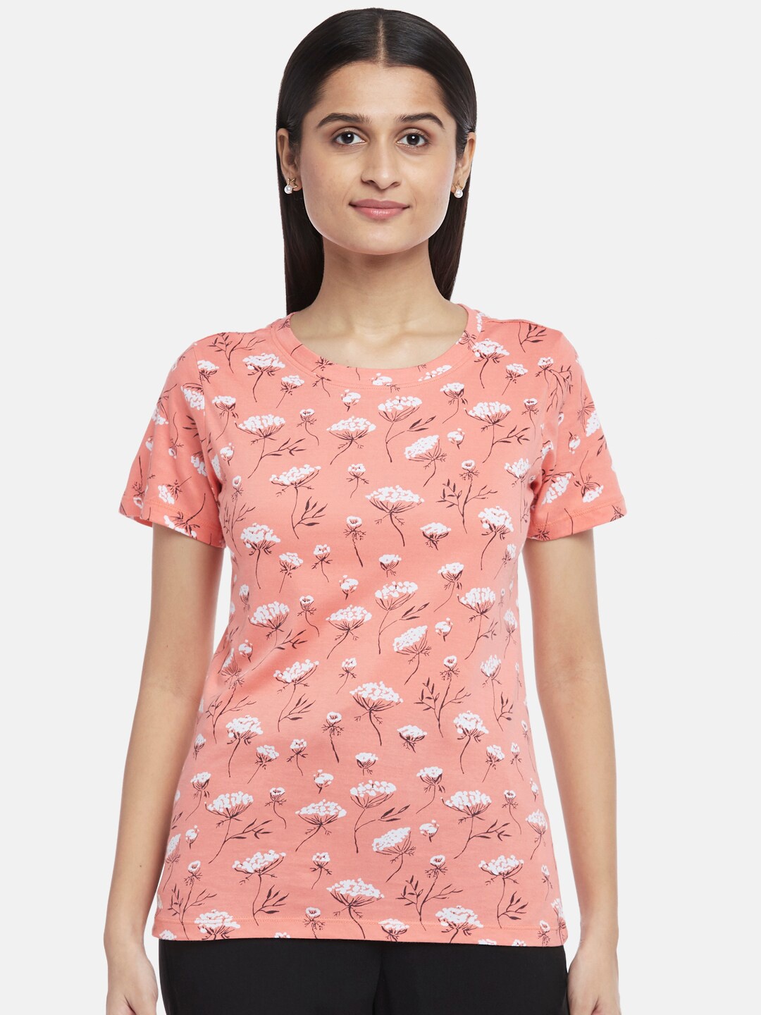 

Honey by Pantaloons Women Coral & White Floral Printed Pure Cotton T-shirt