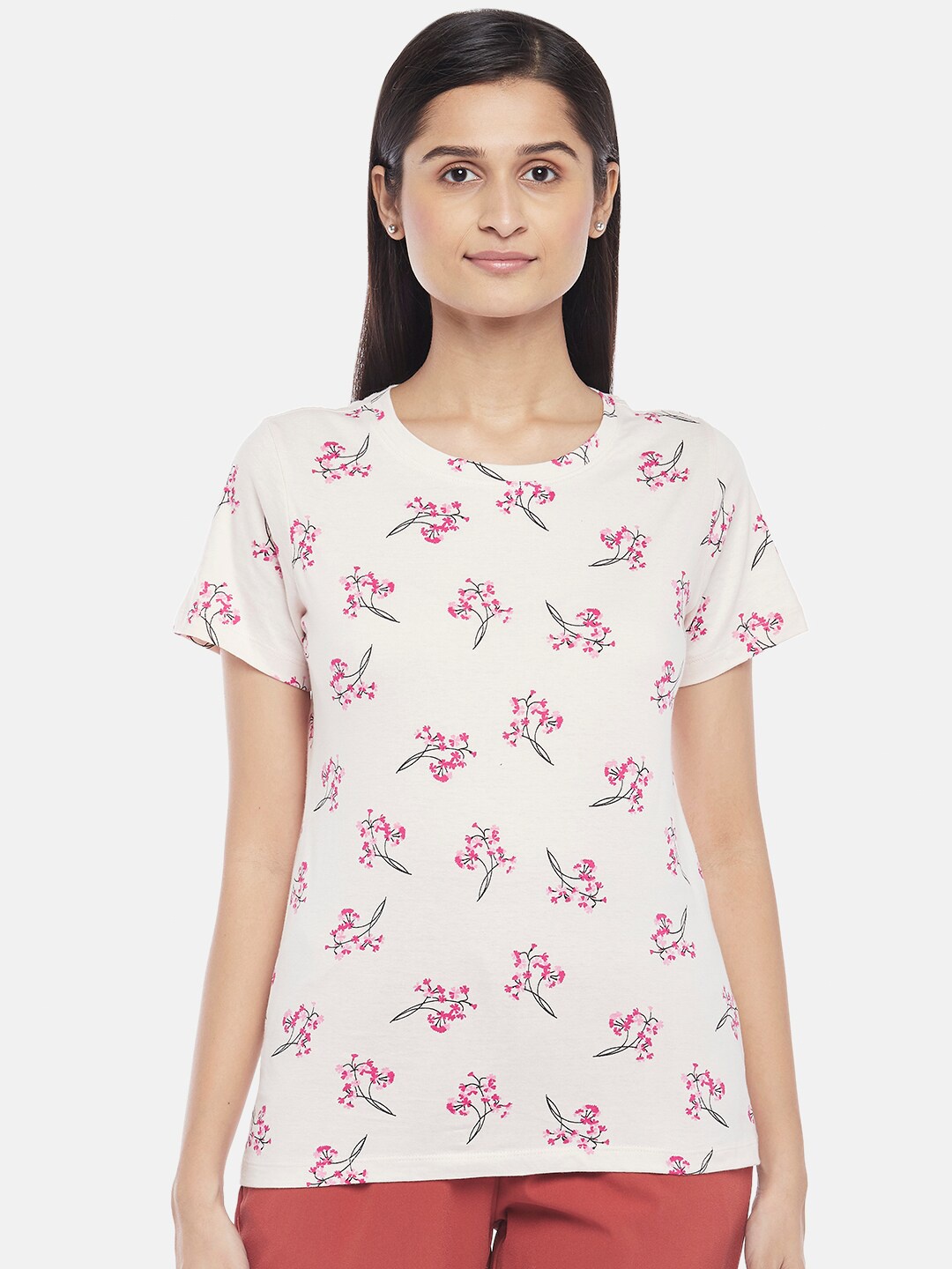 

Honey by Pantaloons Women Pink Floral Printed Polo Collar Pockets T-shirt