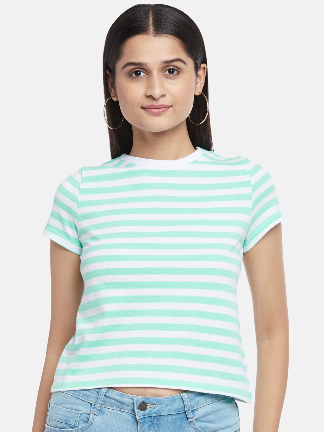 

People Green & White Striped Regular Top