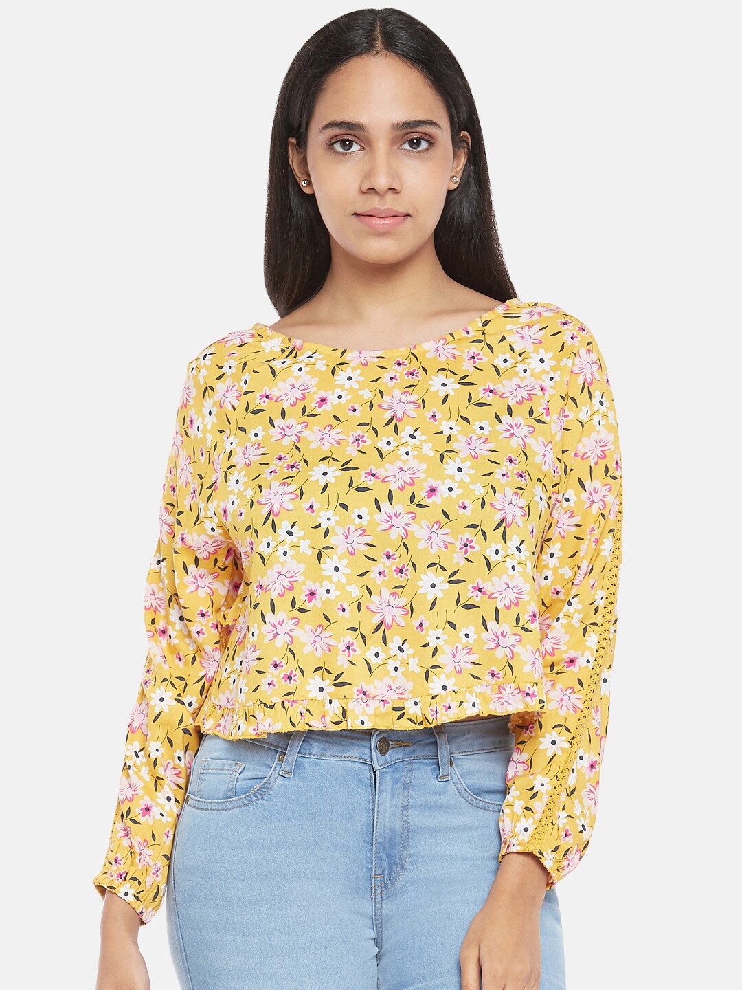 

People Yellow & Pink Floral Regular Top