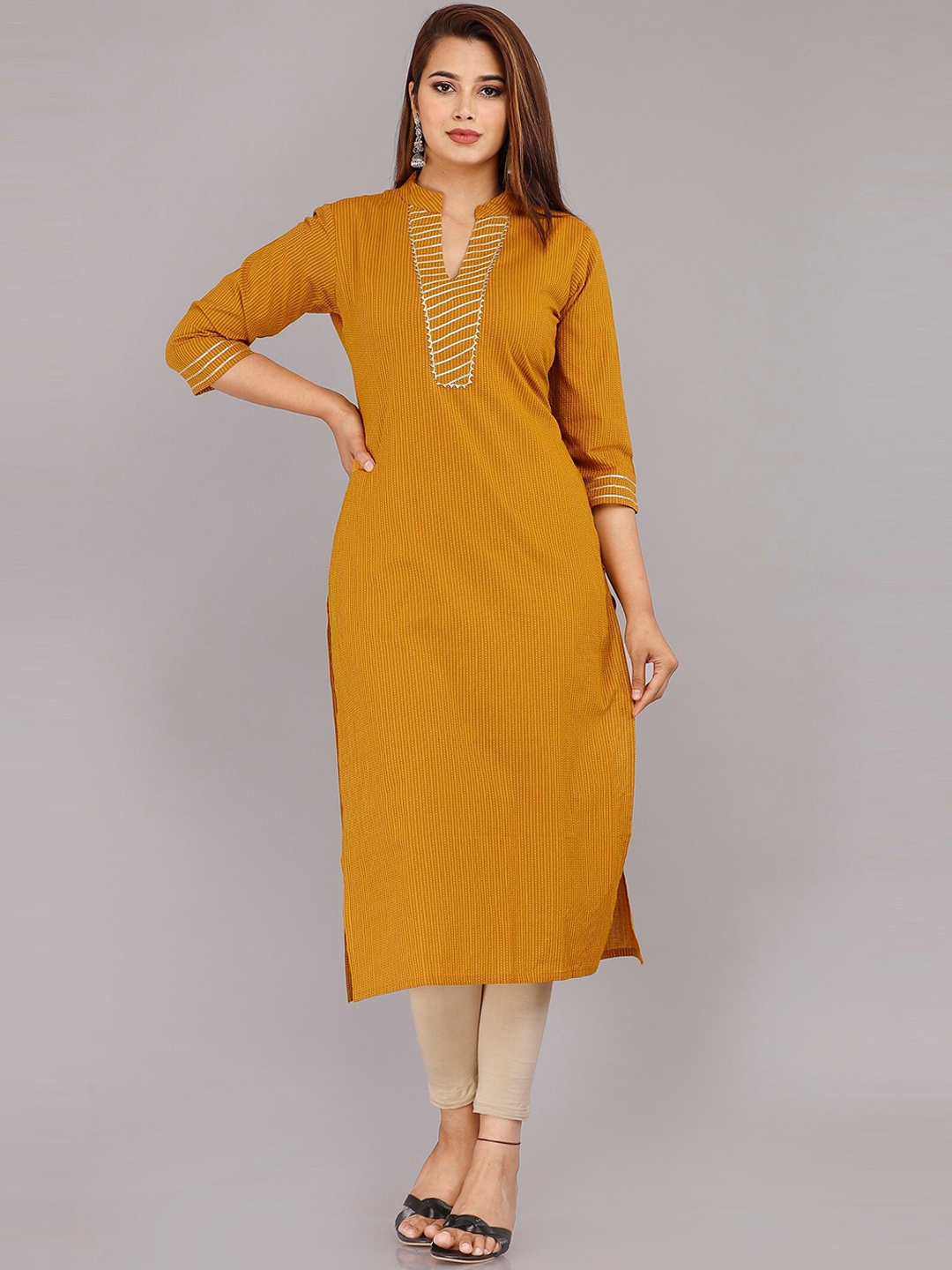 

PNEHA Women Mustard Yellow Striped Flared Sleeves Thread Work Dobby Kurta
