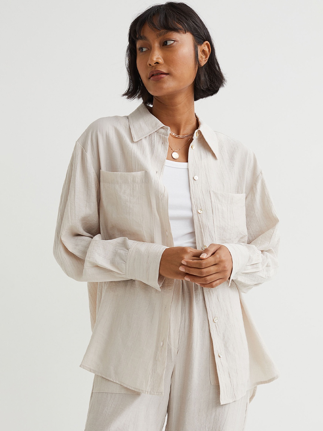 

H&M Women Beige Crinkled Shirt