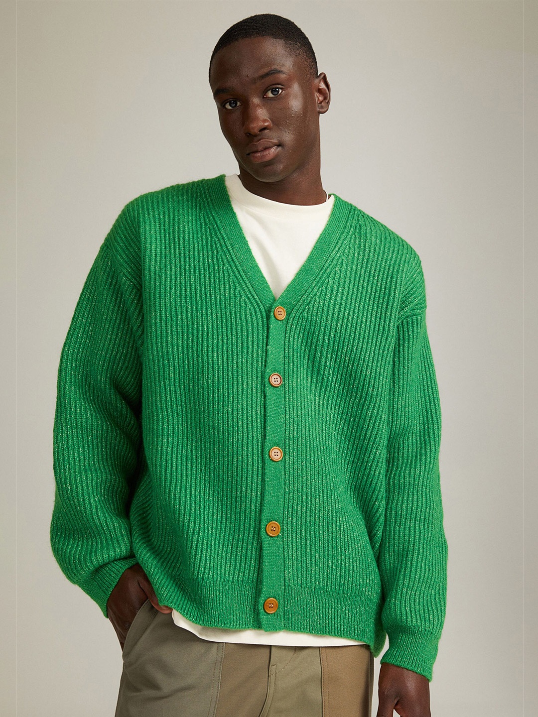 

H&M Men Green Knitted Wool-Blend Cardigan