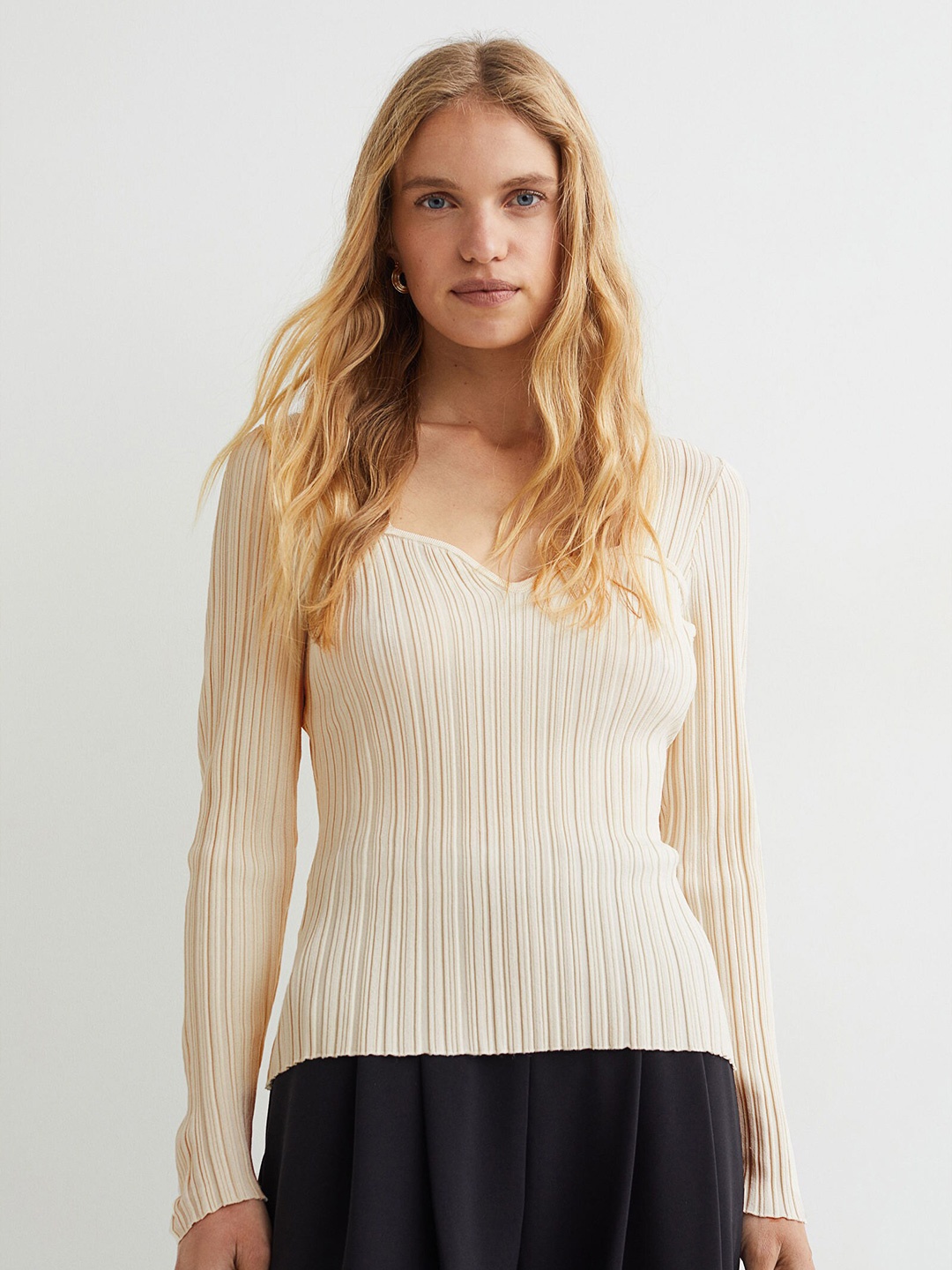 

H&M Women White & Beige Rib-Knit Top