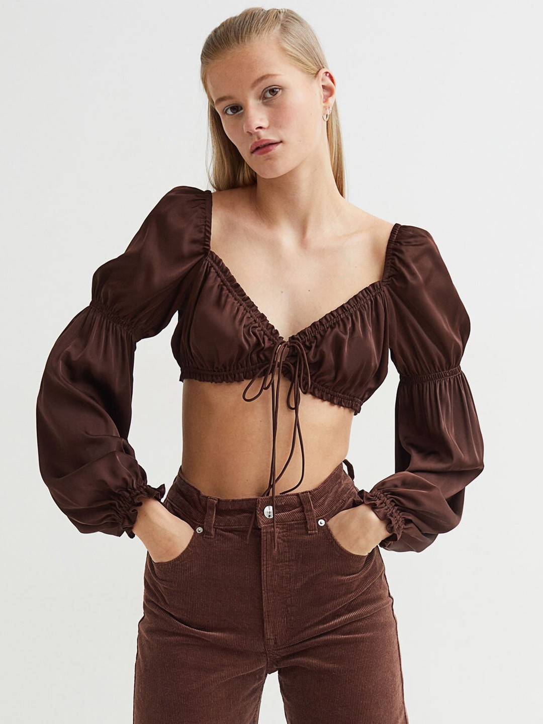 

H&M Women Brown Cotton Cropped Tops