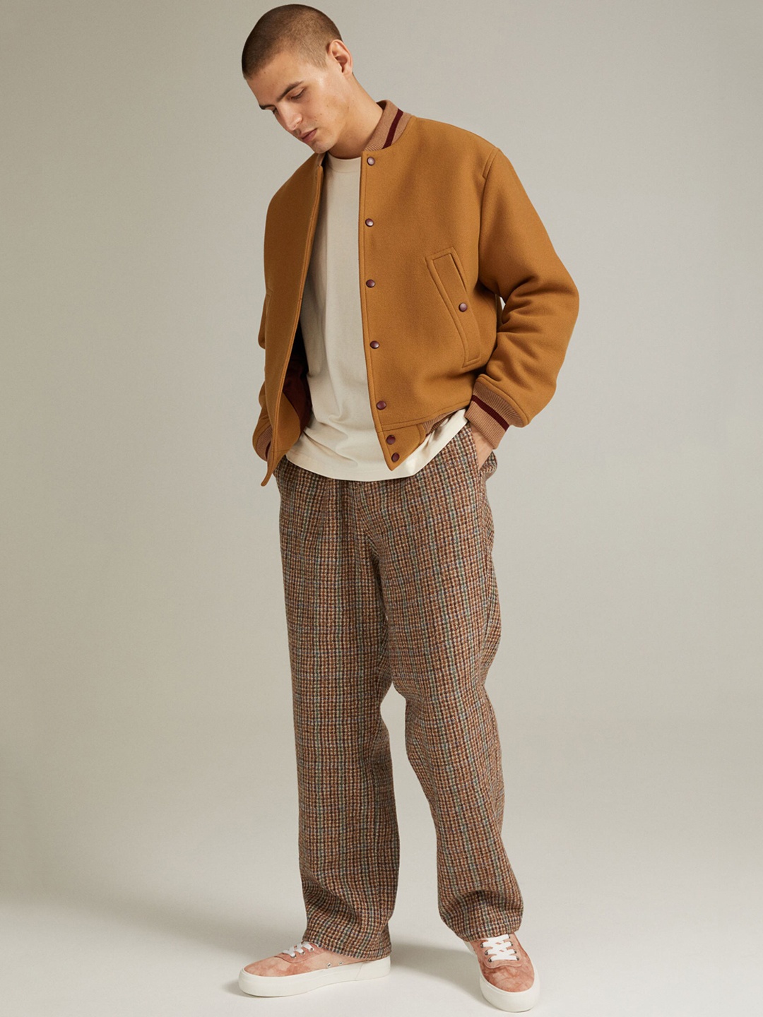 

H&M Men Yellow Wool-Blend Baseball Jacket
