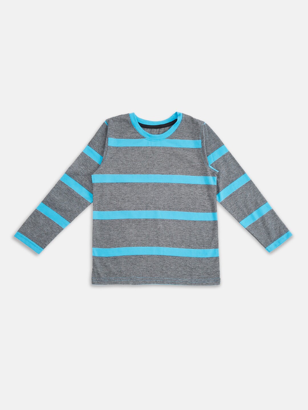 

Pantaloons Junior Boys Grey Melange & Blue Striped Pure Cotton T-shirt