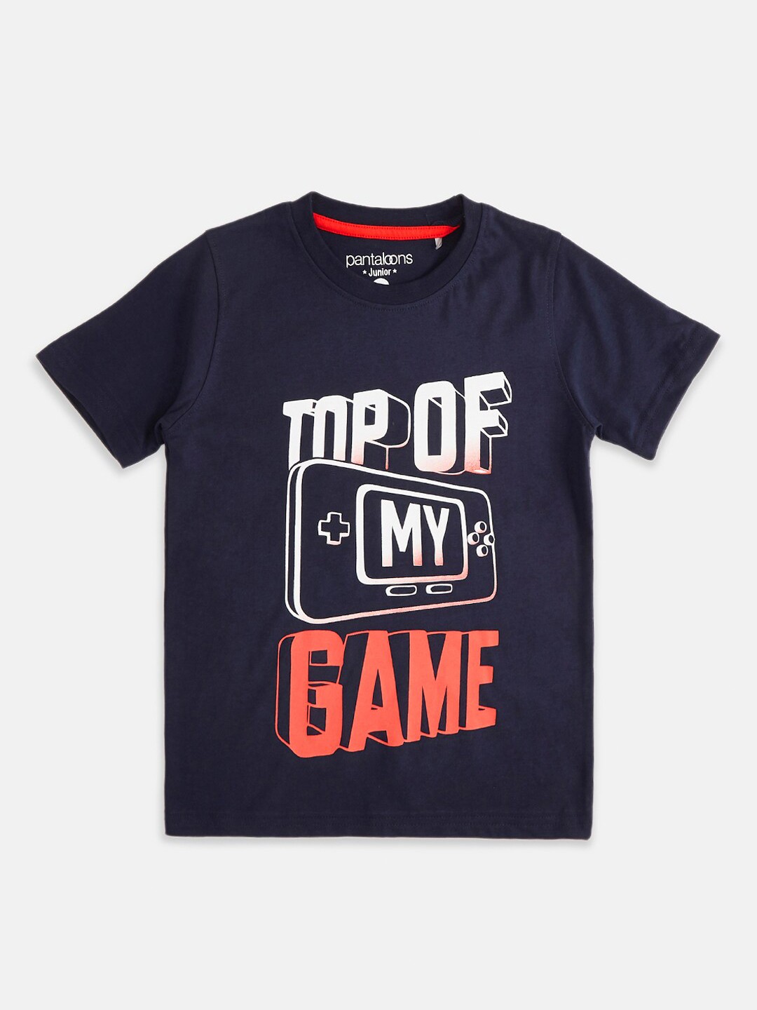 

Pantaloons Junior Boys Navy Blue Typography Printed Pure Cotton T-shirt