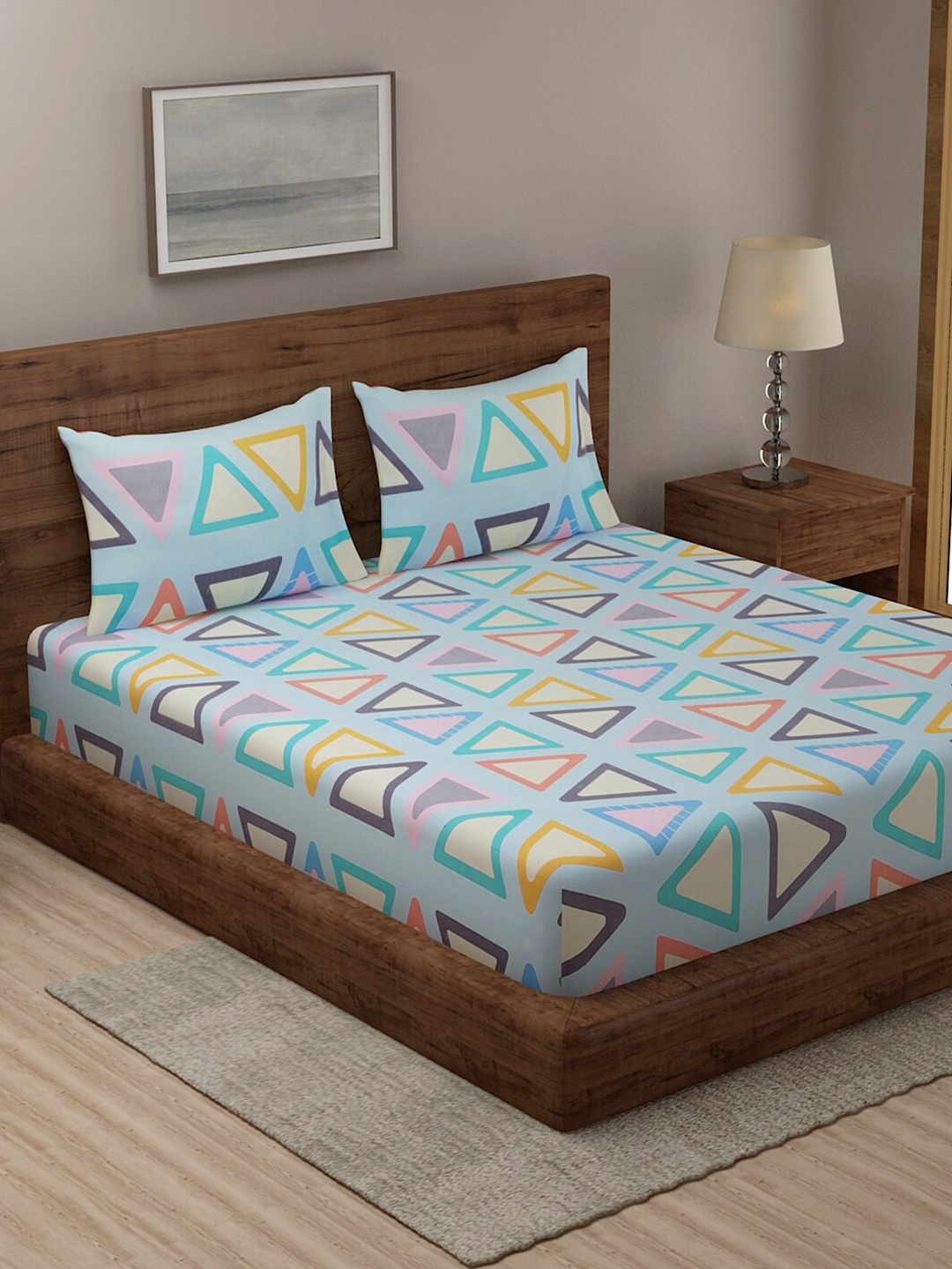 

TAG 7 Blue & Pink Geometric 210 TC 2 King Bedsheet with 4 Pillow Covers