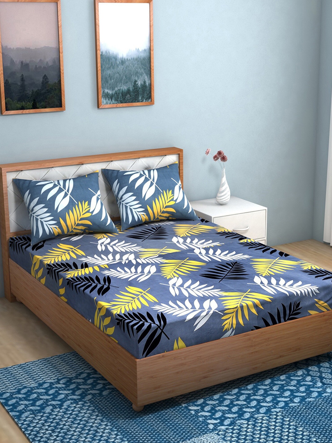 

TAG 7 Set Of 2 Blue & Maroon Floral 210 TC 2 King Bedsheet with 4 Pillow Covers