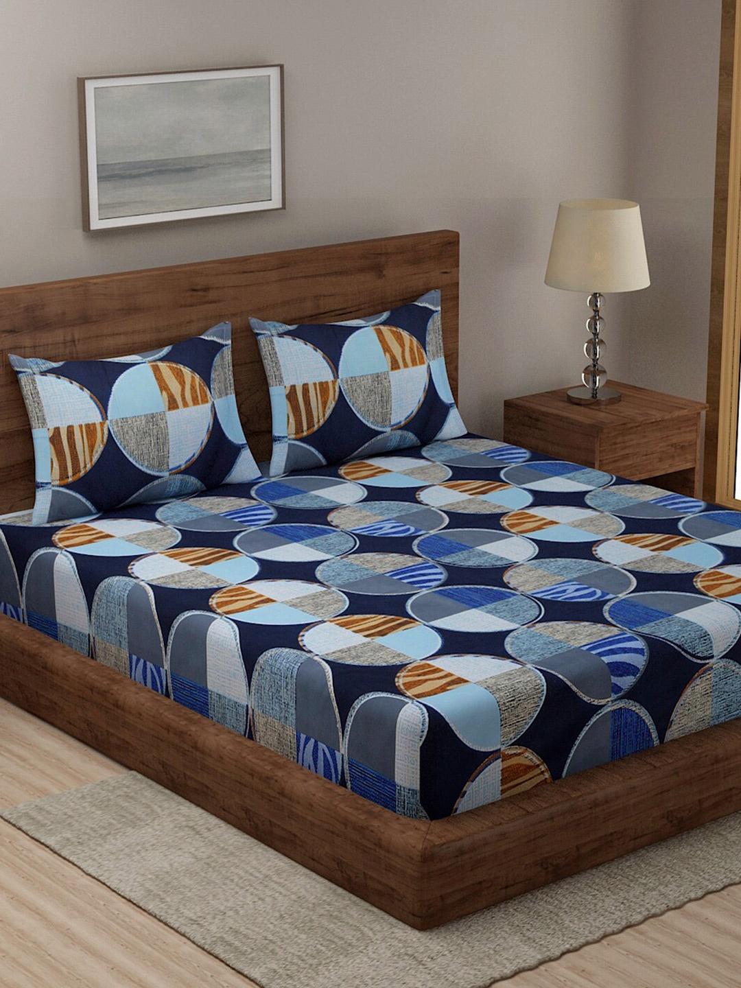 

TAG 7 Blue & Pink Geometric 210 TC 2 King Bedsheet with 4 Pillow Covers