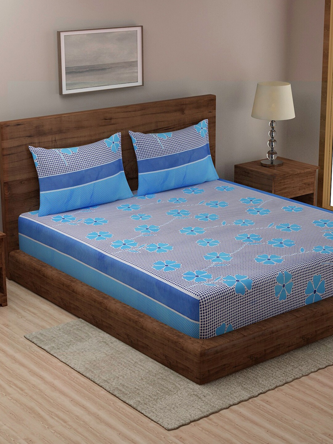 

TAG 7 Grey & Blue Floral 210 TC Cotton 2 King Bedsheets with 4 Pillow Covers