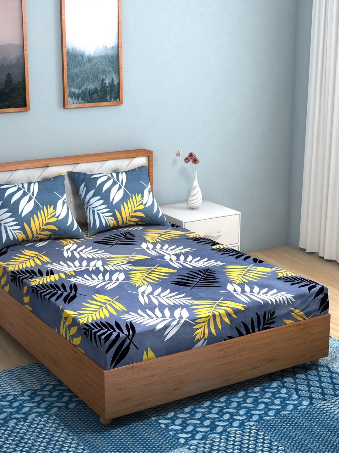 

TAG 7 Pack of 2 Blue & Turquoise Blue Floral 210 TC King Bedsheet with 4 Pillow Covers