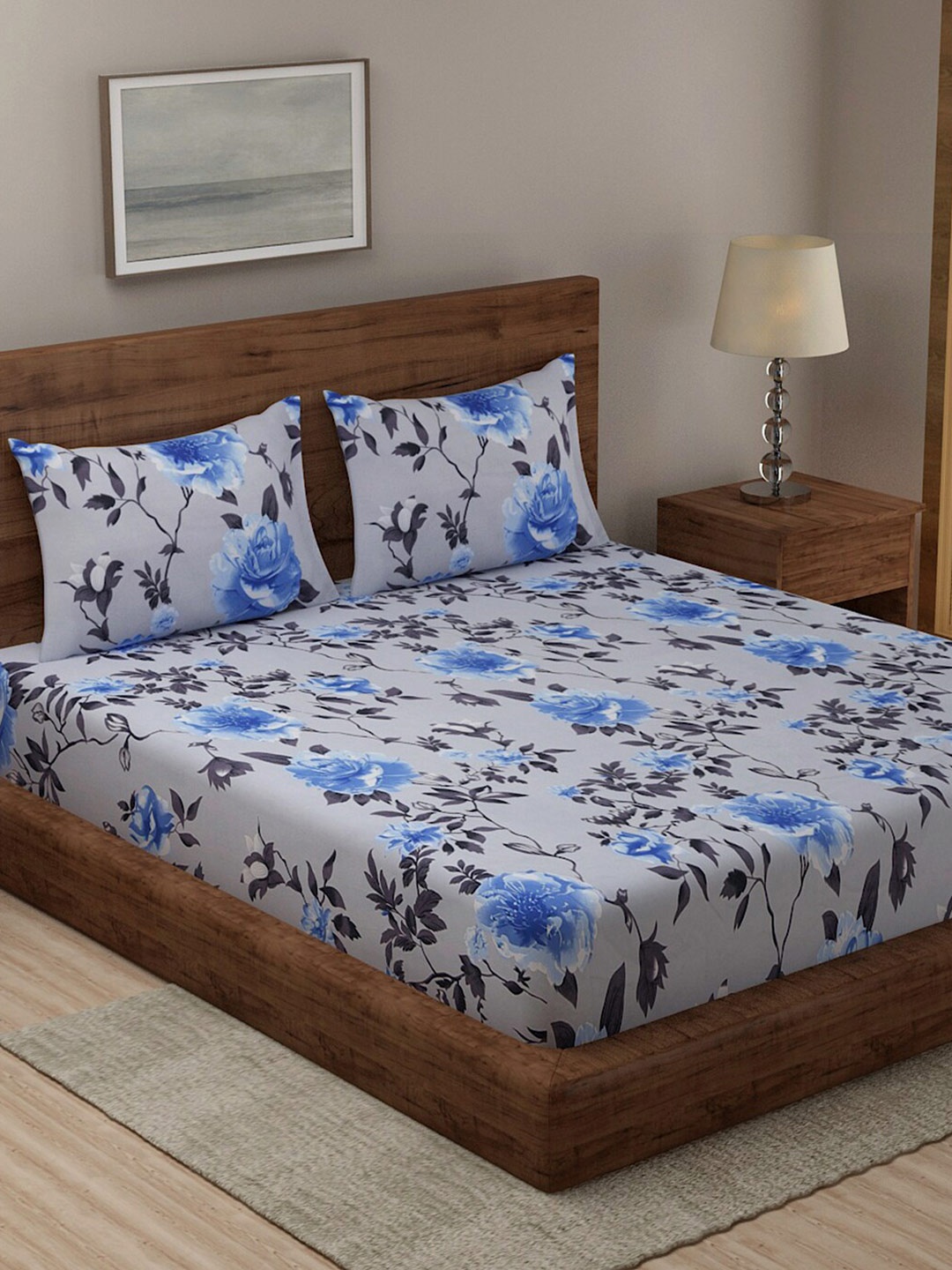 

TAG 7 Grey & Black Floral 210 TC 2 King Bedsheet with 4 Pillow Covers