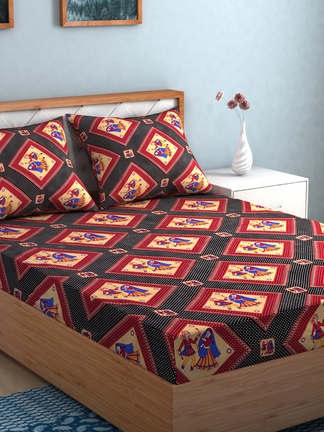 

TAG 7 Set Of 2 Blue & Red Floral 210 TC 2 King Bedsheet with 4 Pillow Covers