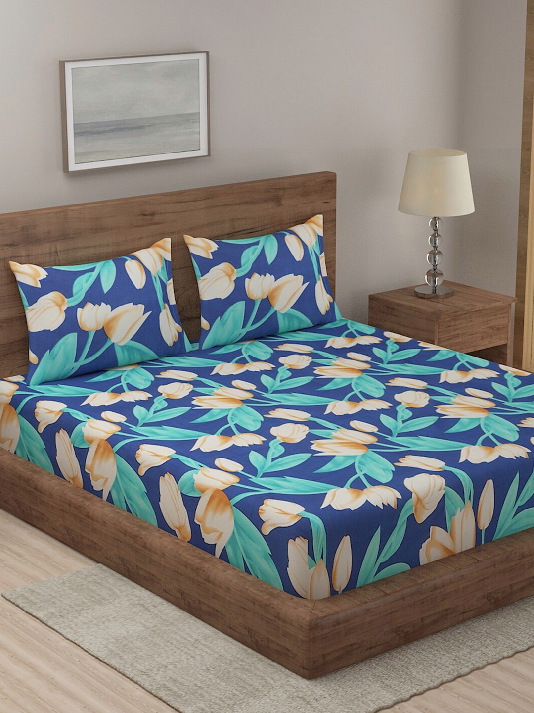 

TAG 7 Pack of 2 Blue & Green Floral 210 TC King Bedsheet with 4 Pillow Covers