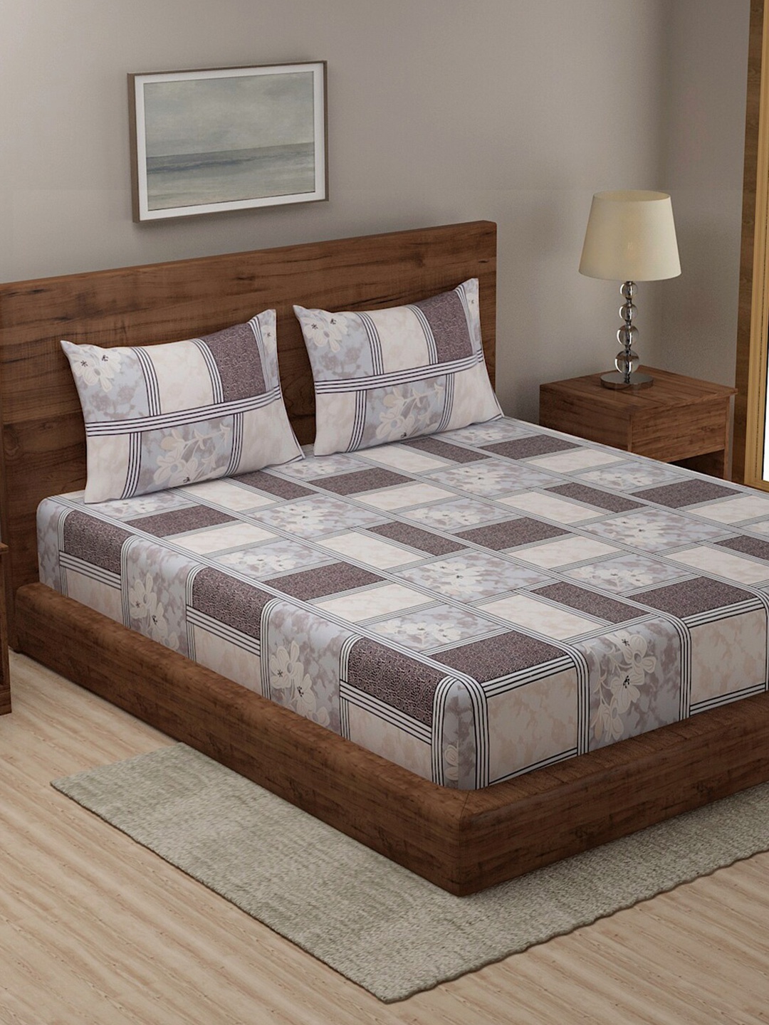 

TAG 7 Maroon & White Ethnic Motifs Cotton 210 TC 2 King Bedsheet with 4 Pillow Covers