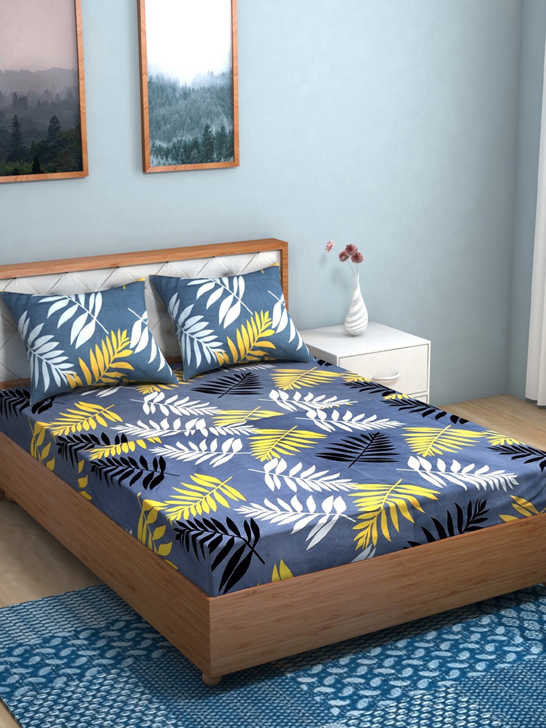 

TAG 7 Grey & Blue Floral 210 TC 2 King Bedsheet with 4 Pillow Covers