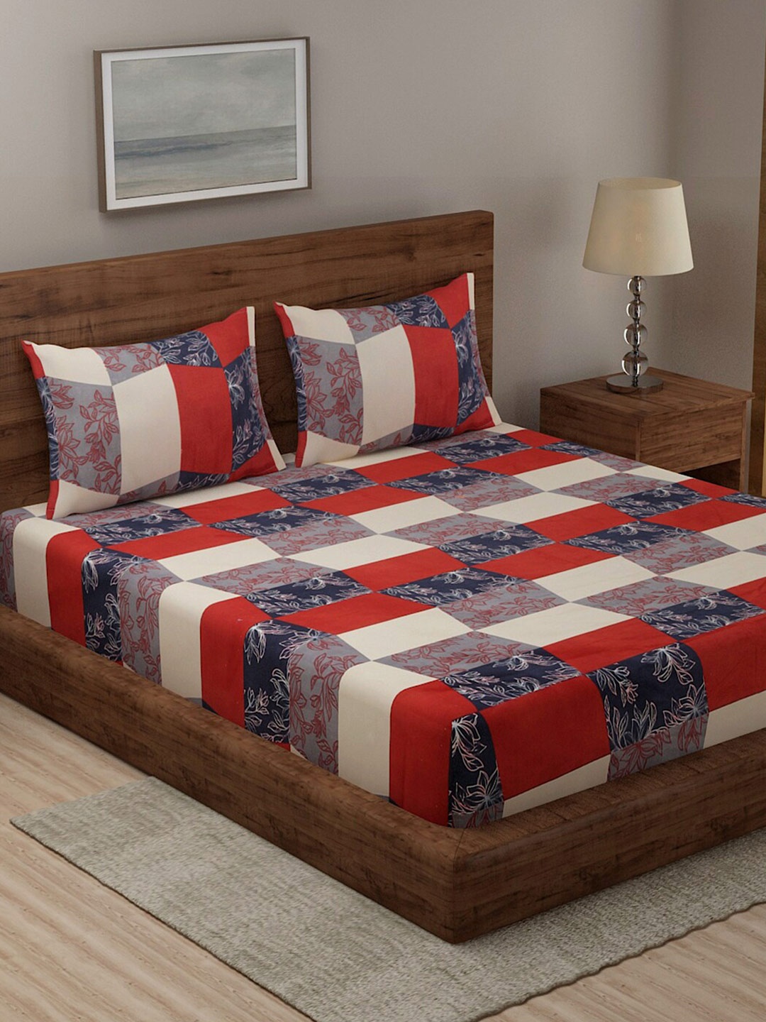 

TAG 7 Blue & Red Floral 210 TC 2 King Bedsheet with 4 Pillow Covers