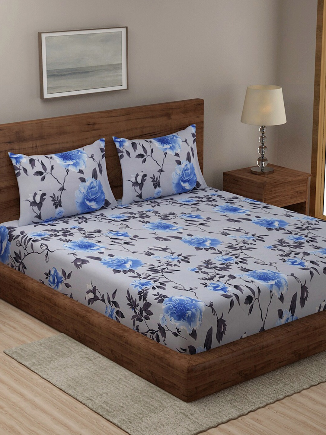 

TAG 7 Grey & Blue Floral 210 TC 2 King Bedsheet with 4 Pillow Covers