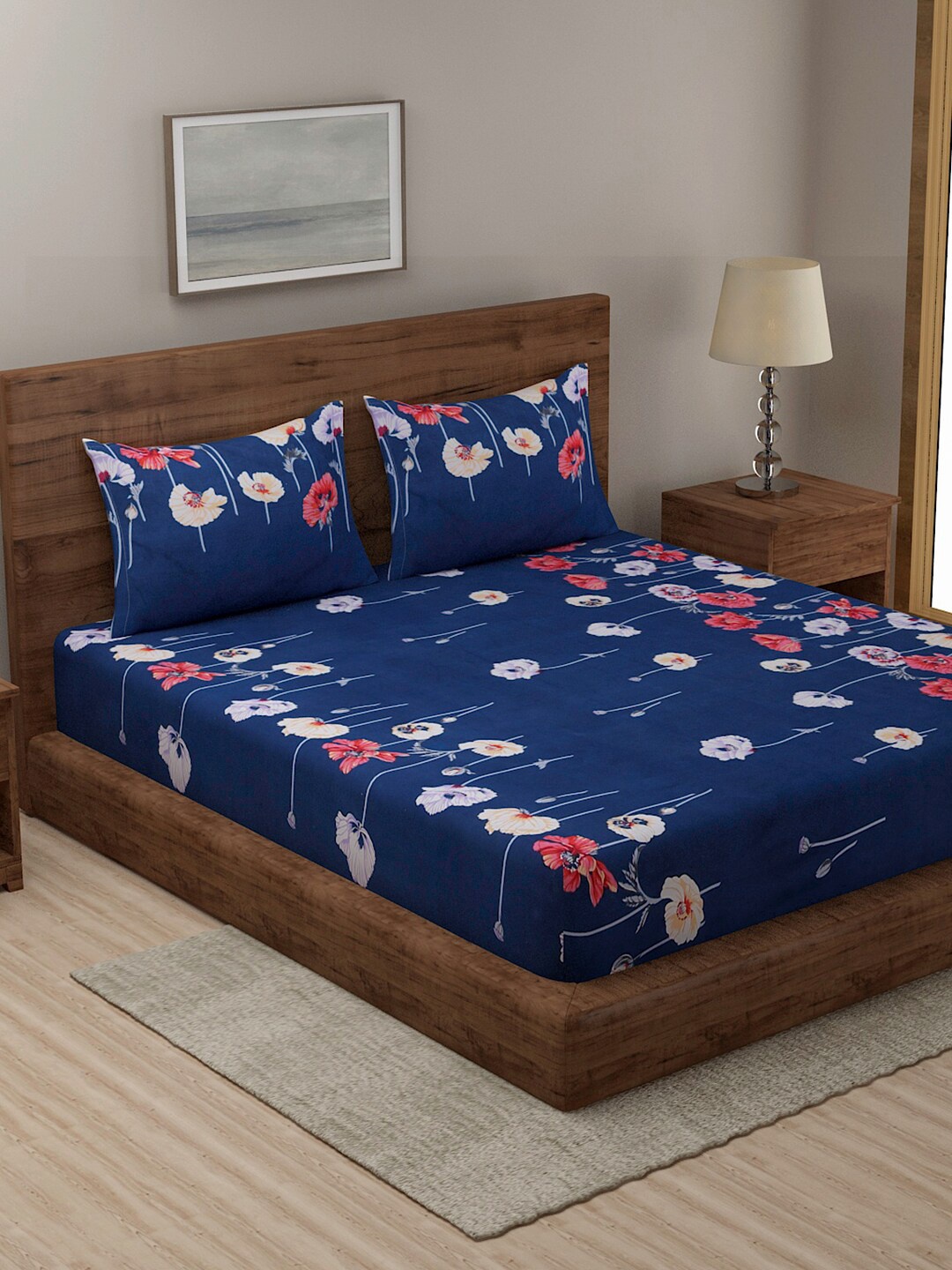 

TAG 7 Blue & Black Floral 210 TC 2 King Bedsheet with 4 Pillow Covers