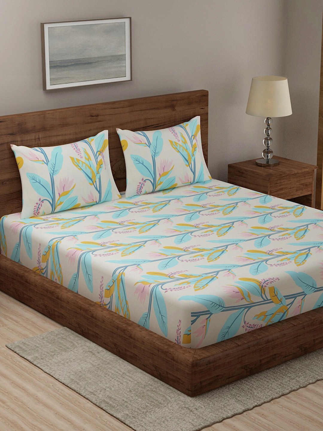 

TAG 7 Pack of 2 White & Green Floral 210 TC King Bedsheet with 4 Pillow Covers