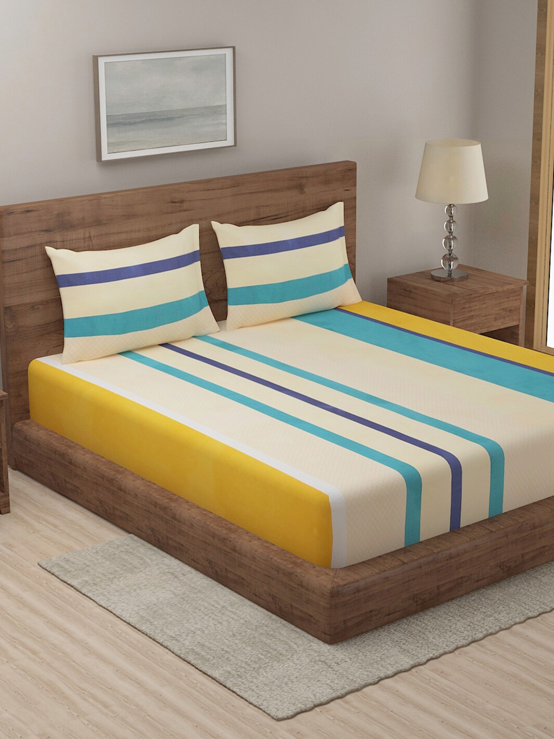 

TAG 7 Beige & Grey Striped 210 TC Cotton 2 King Bedsheets with 4 Pillow Covers