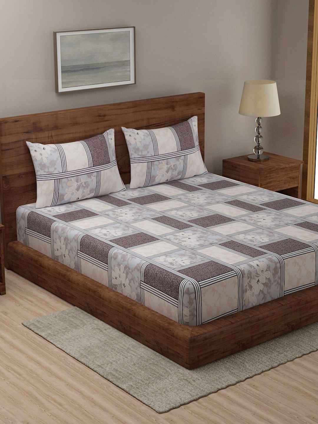 

TAG 7 White & Grey Floral 210 TC 2 King Bedsheet with 4 Pillow Covers