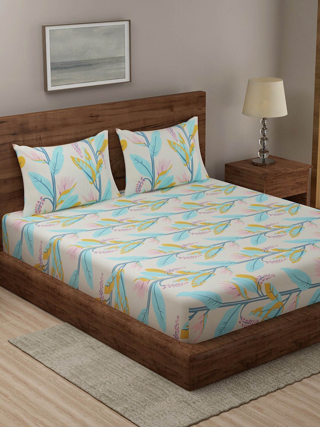 

TAG 7 Brown & Turquoise Blue Floral 210 TC 2 King Bedsheet with 4 Pillow Covers