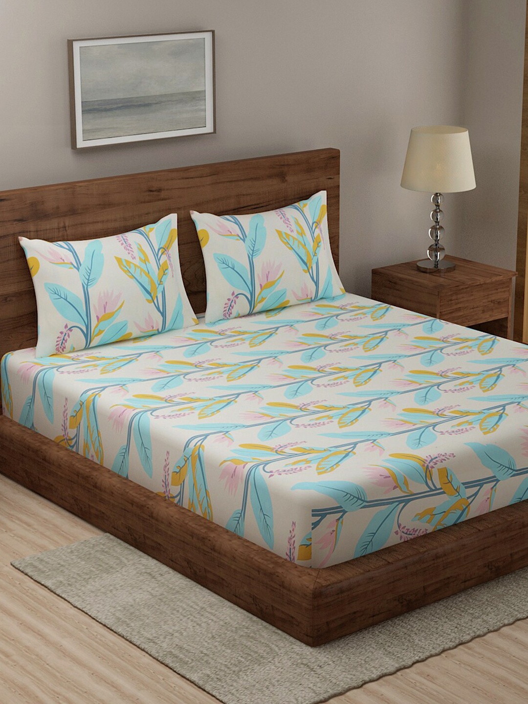 

TAG 7 Off White & Blue Floral 210 TC 2 King Bedsheet with 4 Pillow Covers