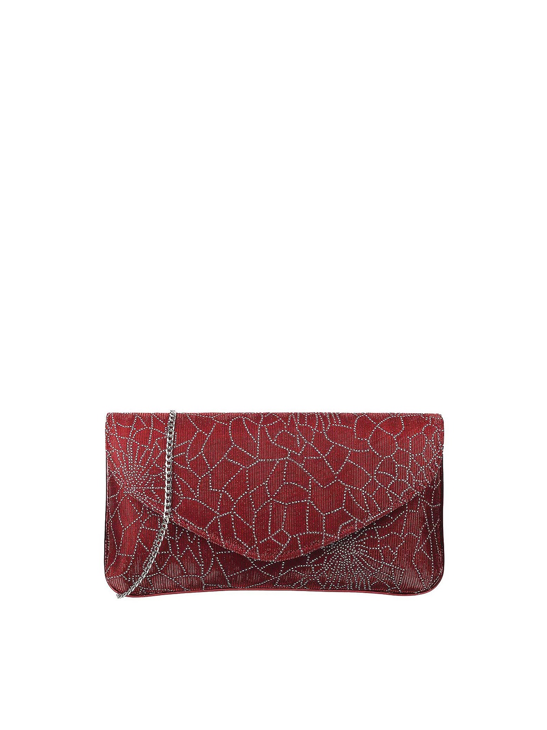 

Mochi Maroon & Silver-Toned Embroidered Envelope Clutch