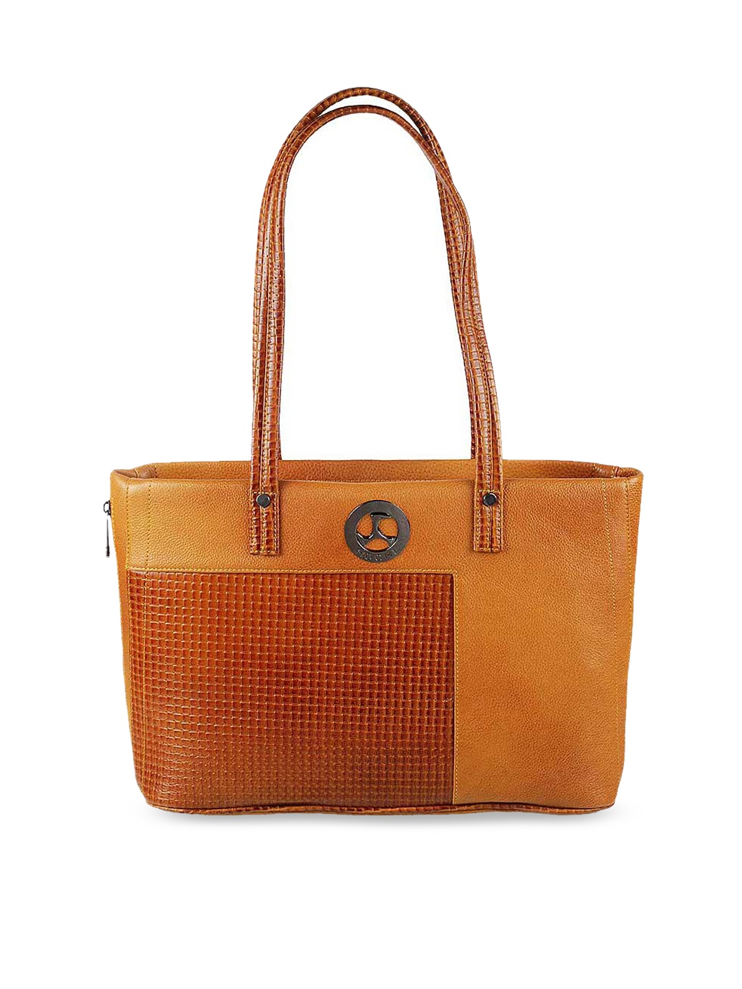 

Mochi Tan Geometric Textured Leather Shopper Shoulder Bag with Cut Work