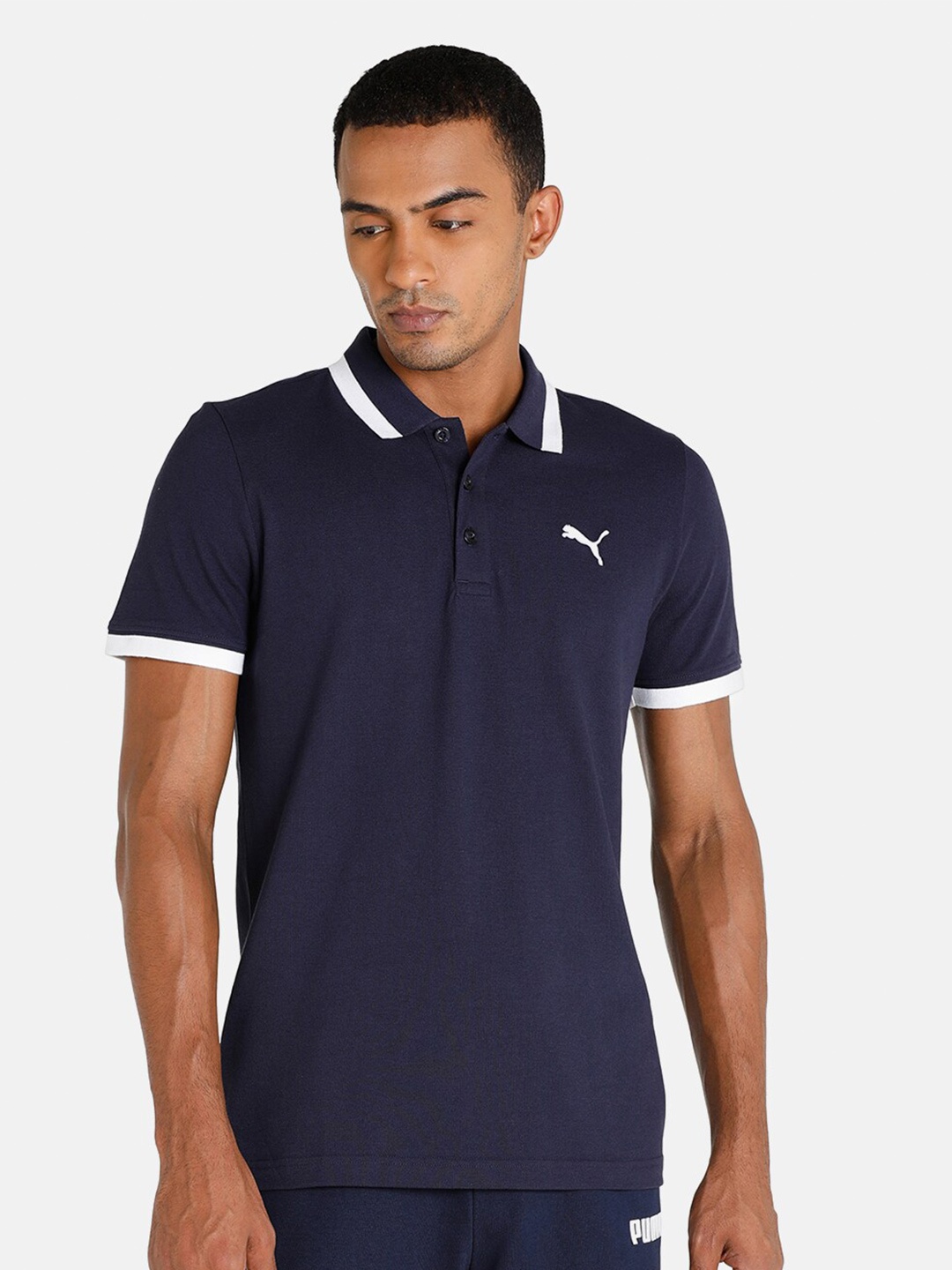 

Puma Men Blue & White Slim Fit Solid Essential Pique Tipping Polo T-shirt