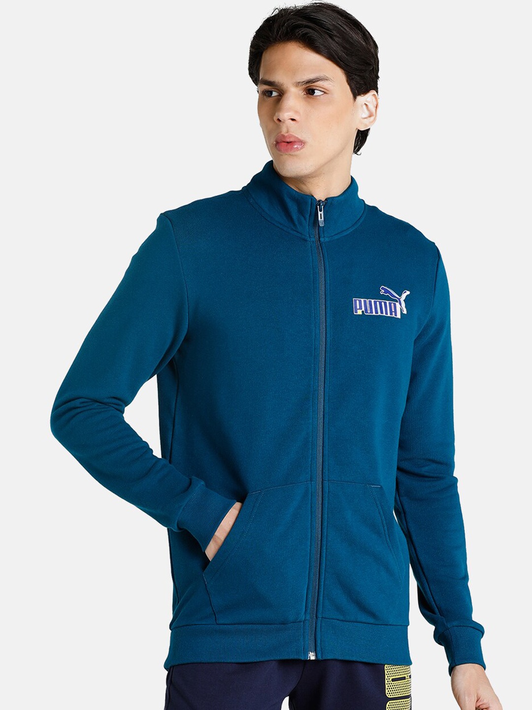 

Puma Men Brand Logo Print Cotton Slim Fit Sporty Track Jacket, Blue