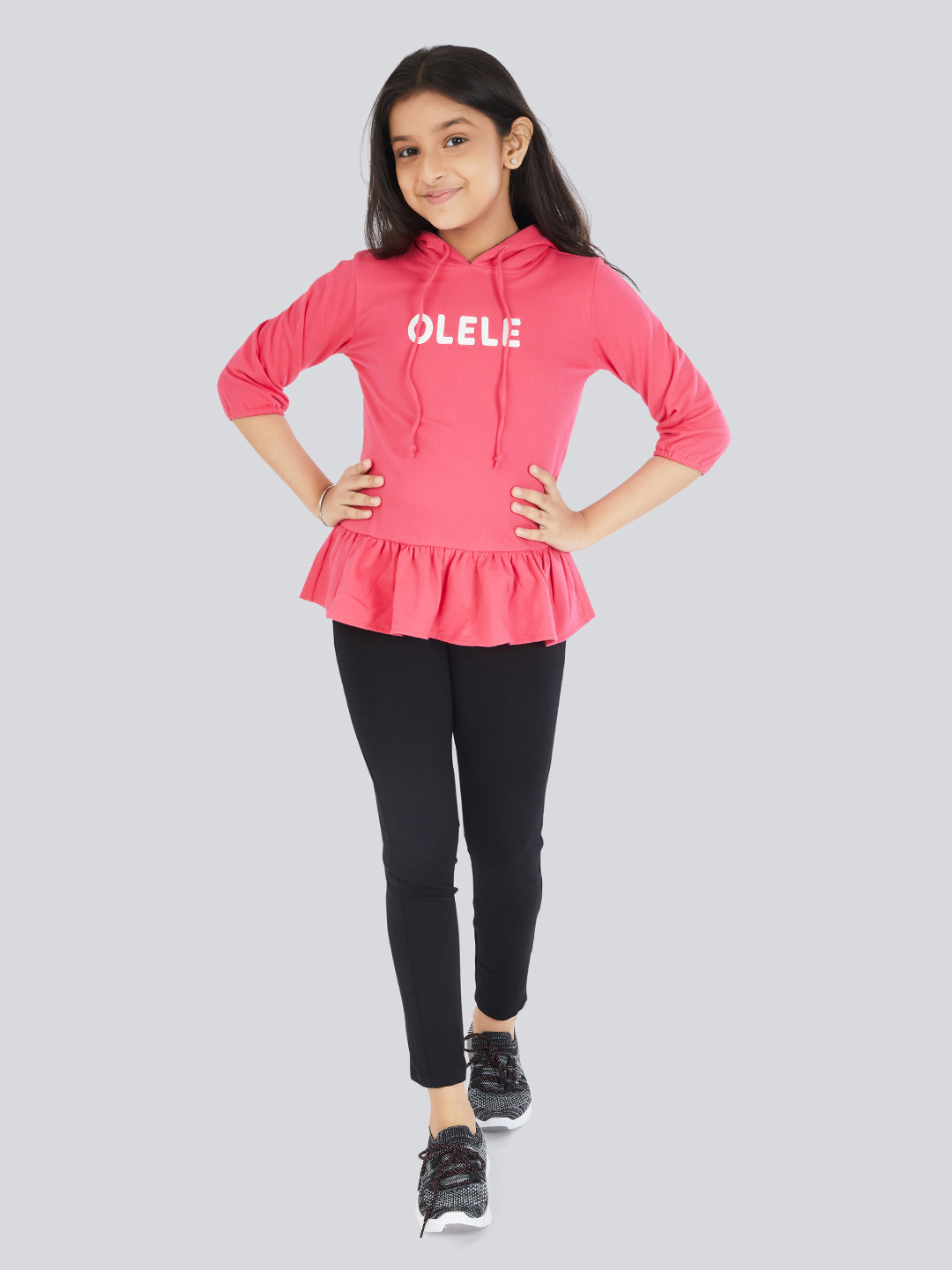 

Olele Girls Pink & Off White Brand Logo Peplum Hoodie Winter Top
