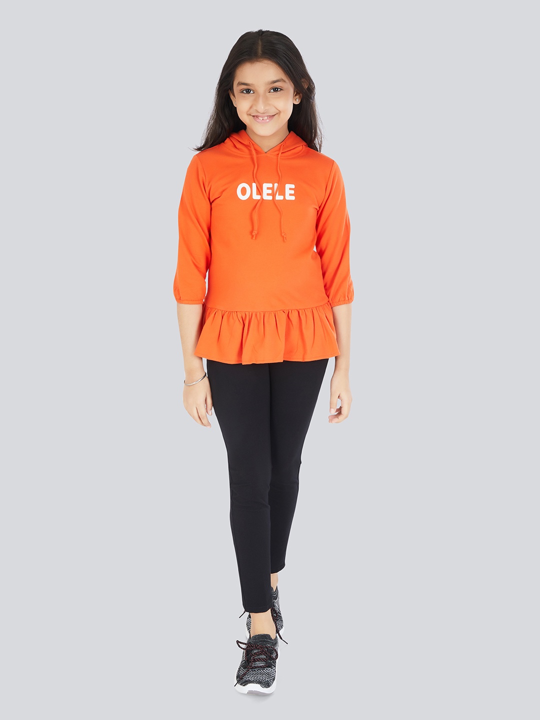 

Olele Girls Orange Cinched Waist Hoodie Winter Top