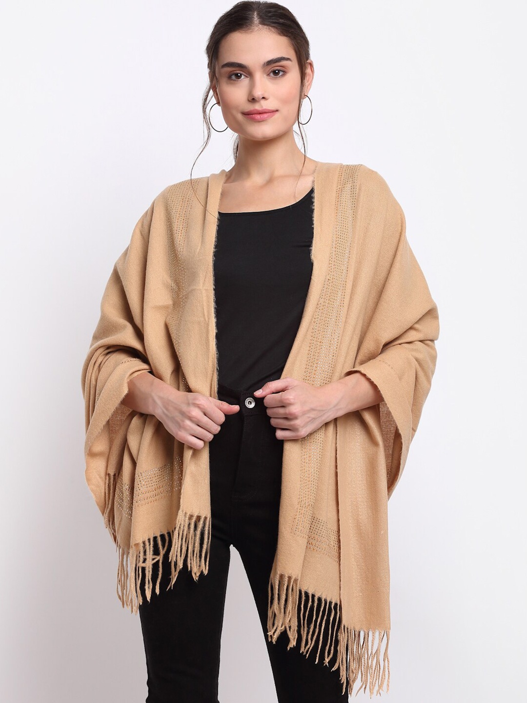 

LOOM LEGACY Women Beige Woven Design Embellished Acrylic Stole