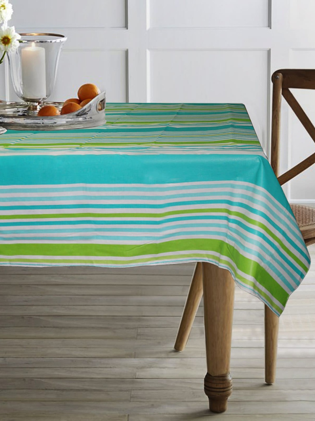 

Lushomes White & Teal Blue Striped Waterproof 6-Seater Cotton Table Cover