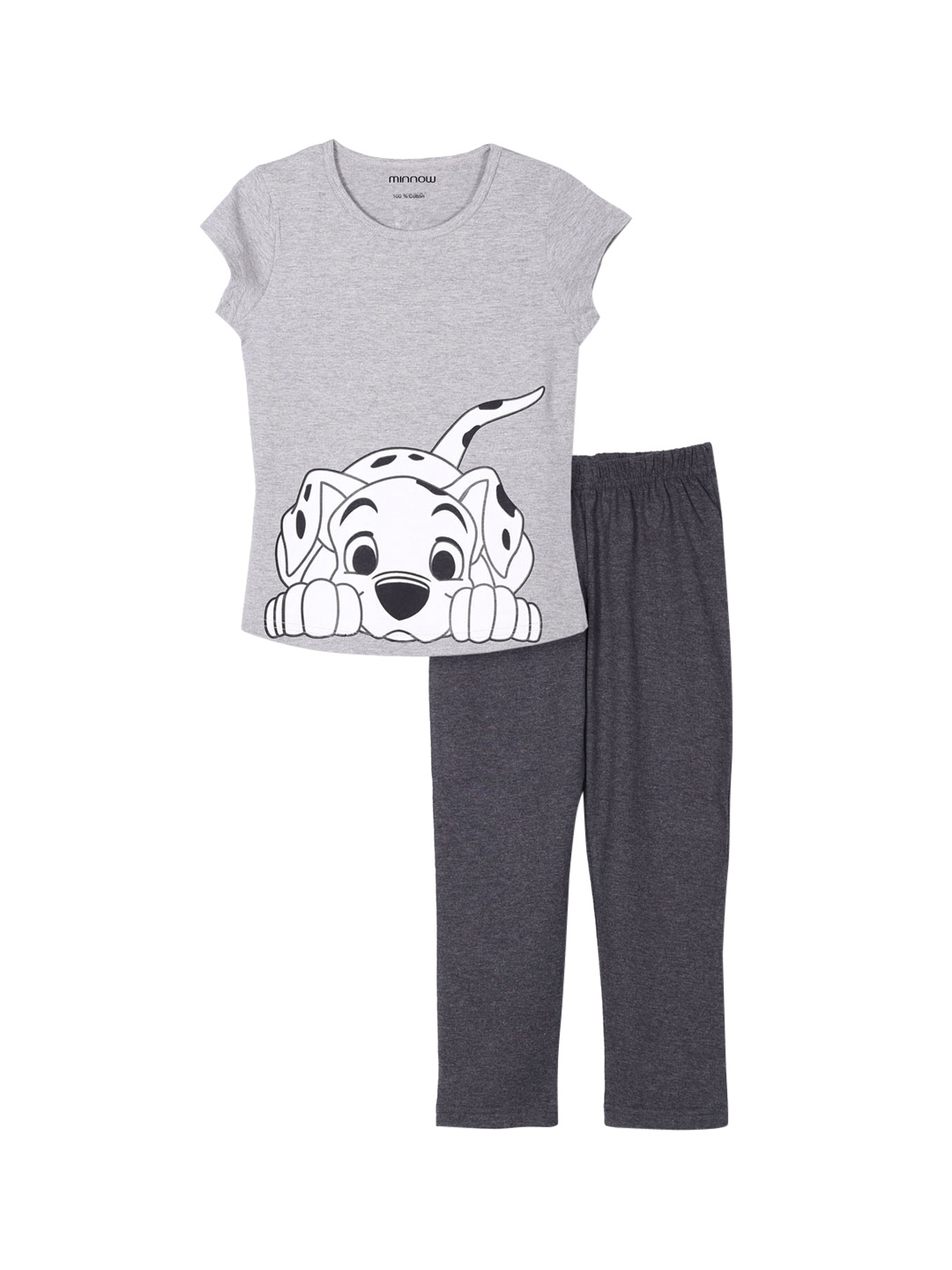 

minnow Girls Grey Melange Printed Pure Cotton Night suit