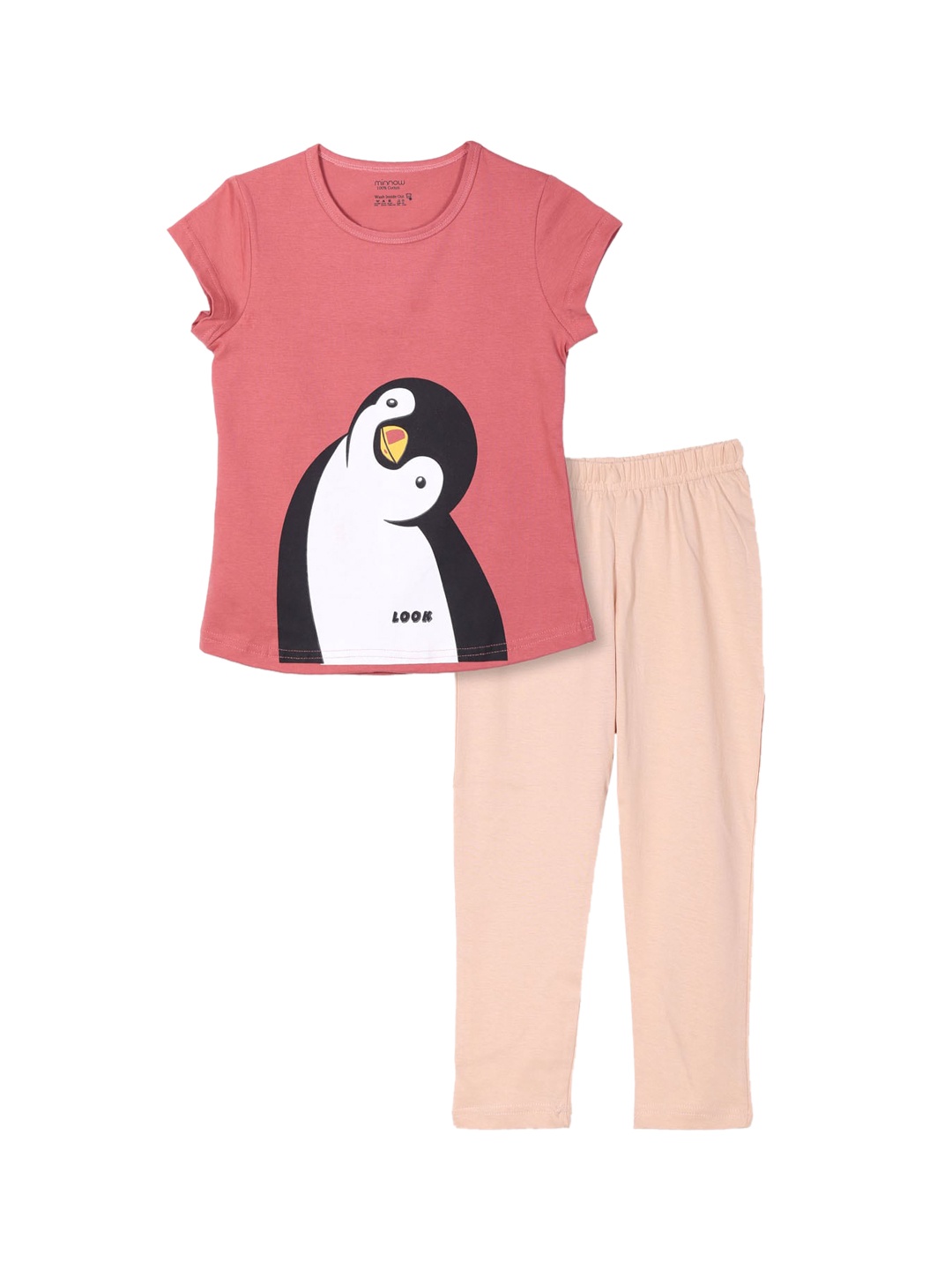

minnow Girls Mauve & Beige Penguin Printed Pure Cotton Night Suit