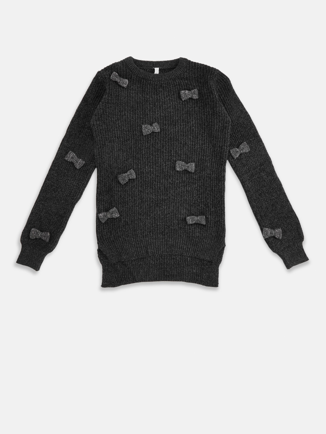 

Pantaloons Junior Girls Black Ribbed Acrylic Pullover with Embellished Detail