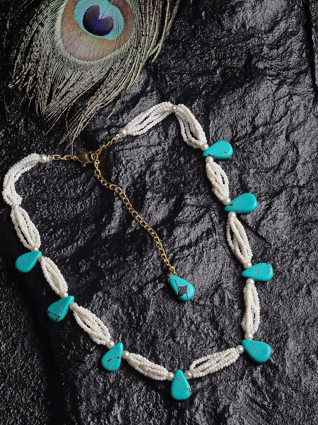 

DUGRISTYLE Blue & White Pearls Beaded Copper Gold-Plated Handcrafted Necklace