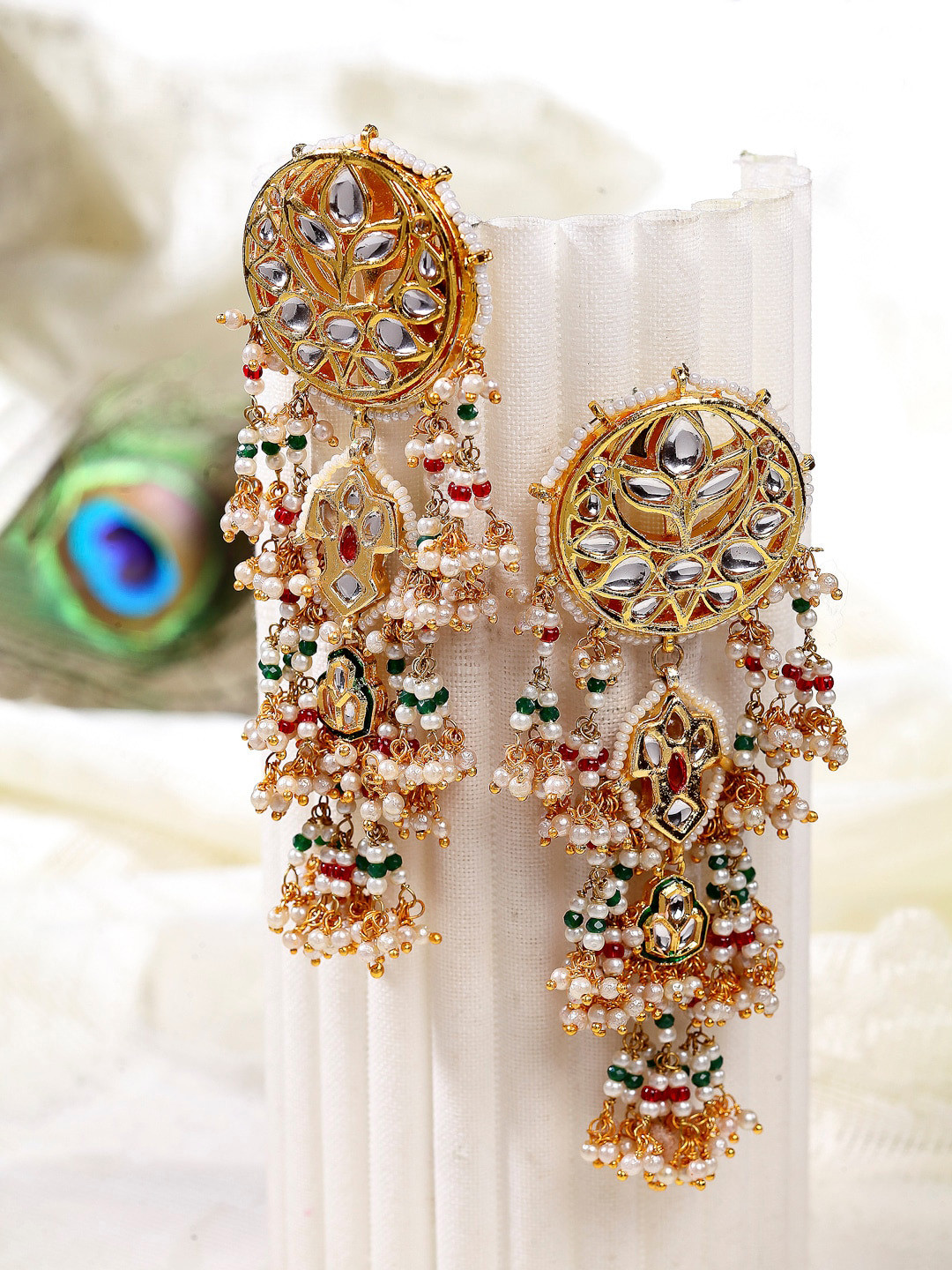 

DUGRISTYLE Gold-Toned Kundan & Pearls Studded Contemporary Drop Earrings