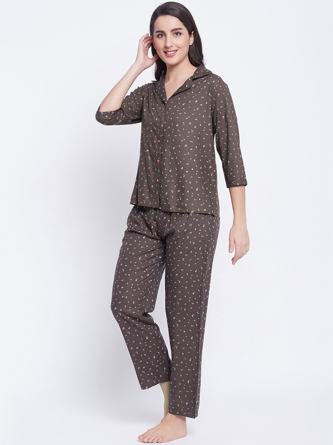 

Clovia Women Brown Printed Pure Cotton Night suit