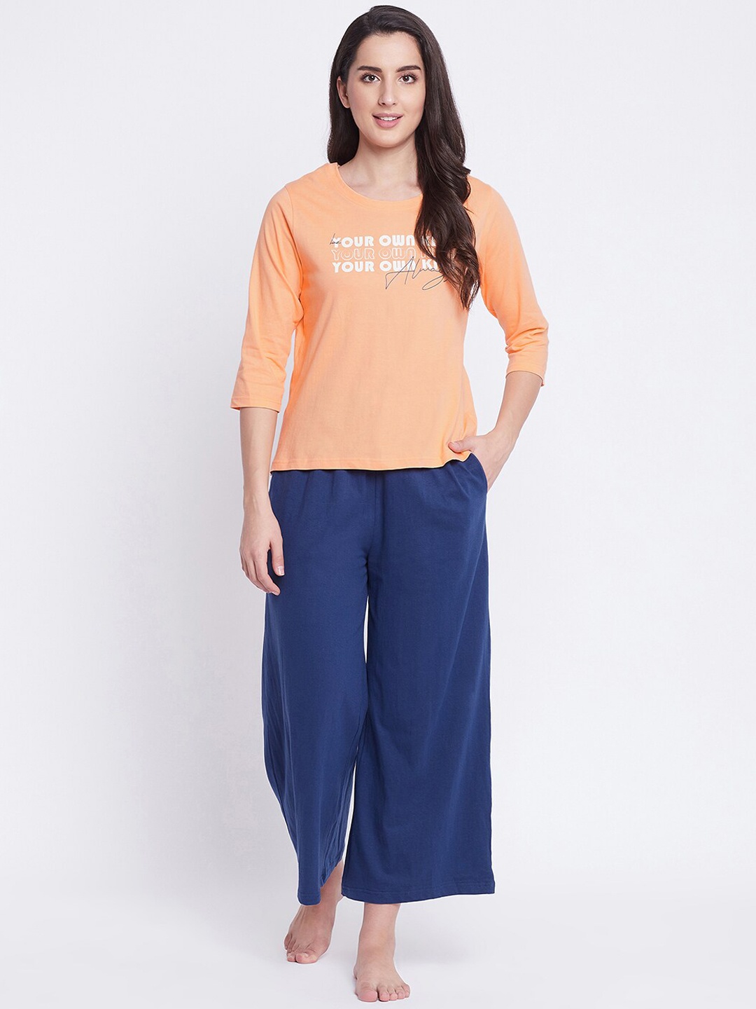 

Clovia Women Orange & Navy Blue Printed Cotton Night suit