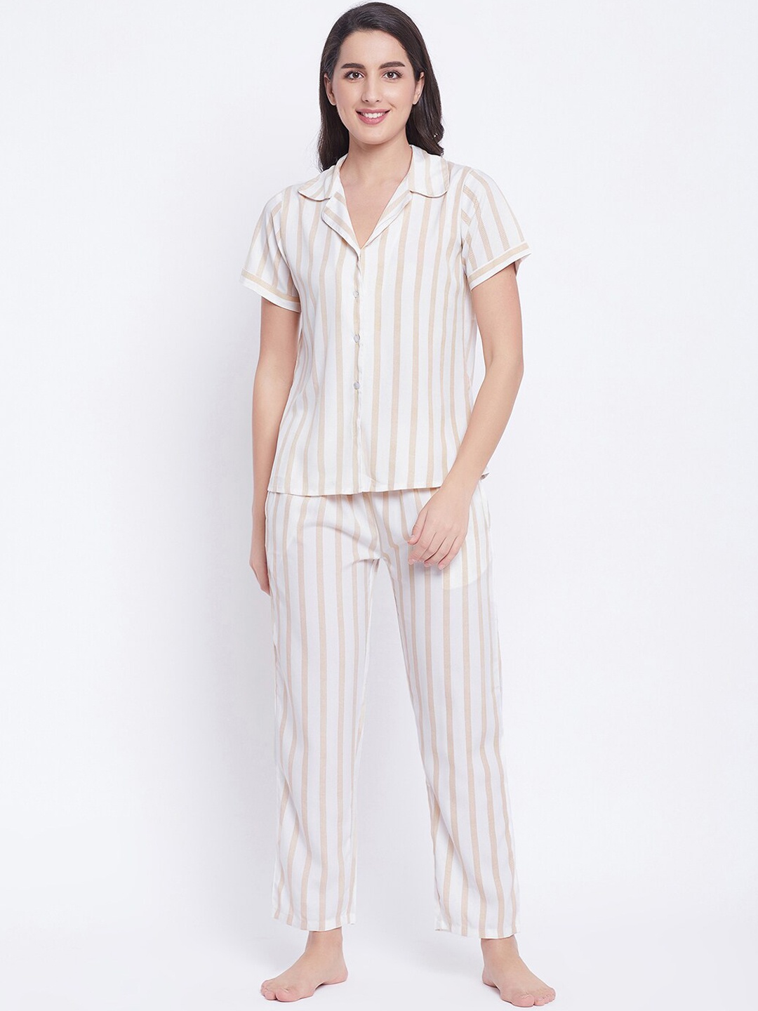 

Clovia Women White Striped Night suit