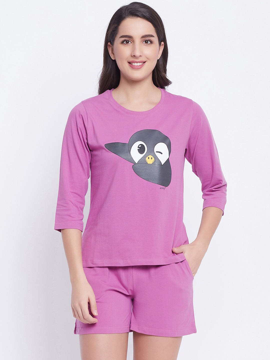 

Clovia Women Purple & Black Printed Pure Cotton Night suit